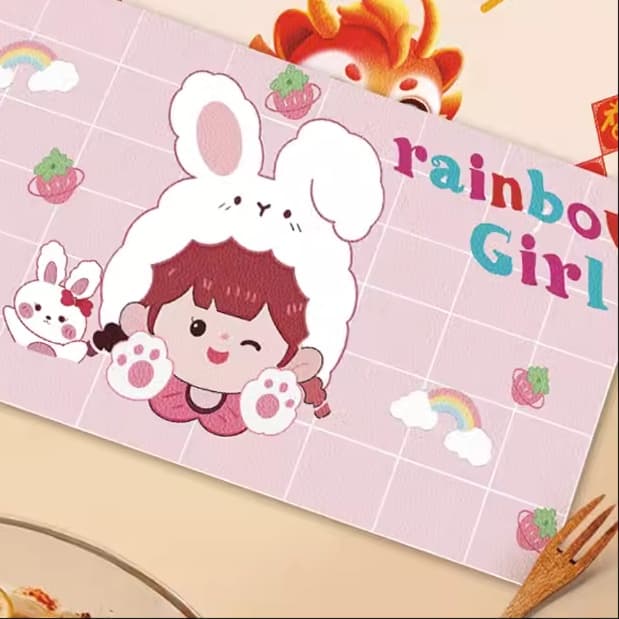 ランチョンマット幸せ運ぶ可愛い動物達【かわいい女の子とうさぎの被り物】