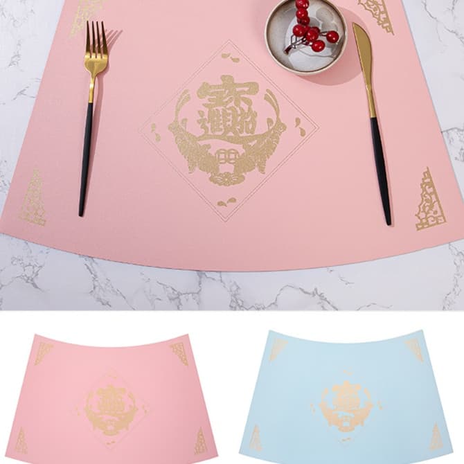 豪華中国風 合皮製 ランチョンマット【表裏 別色ピンク・ライトブルー】