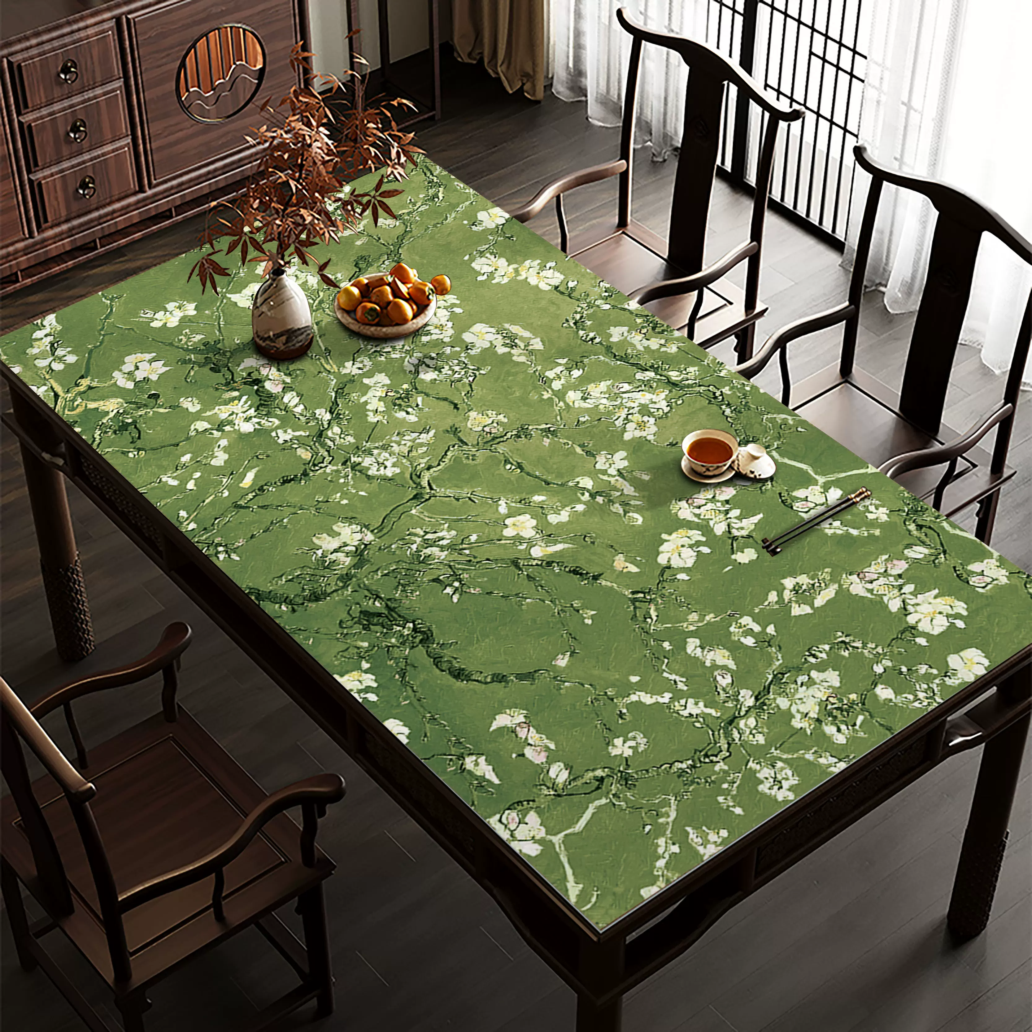 ランチョンマット 花柄プリント防水ポリ塩化ビニル製 テーブルマット 【入り咲き乱れる絢爛の新緑】