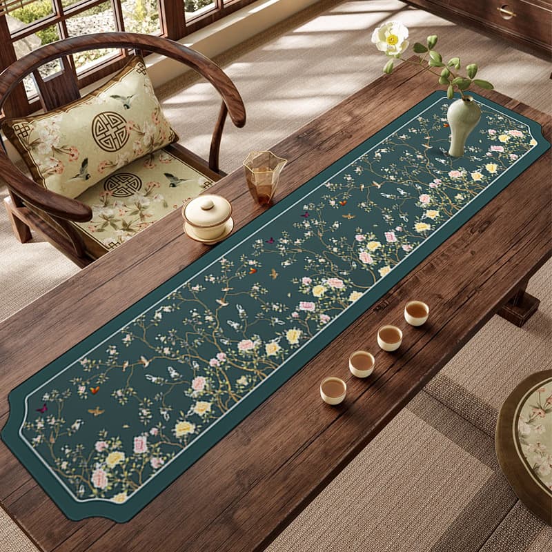 ランチョンマット和の極致シリーズ 花鳥風月【深いグリーン・ロング】ポリエステル